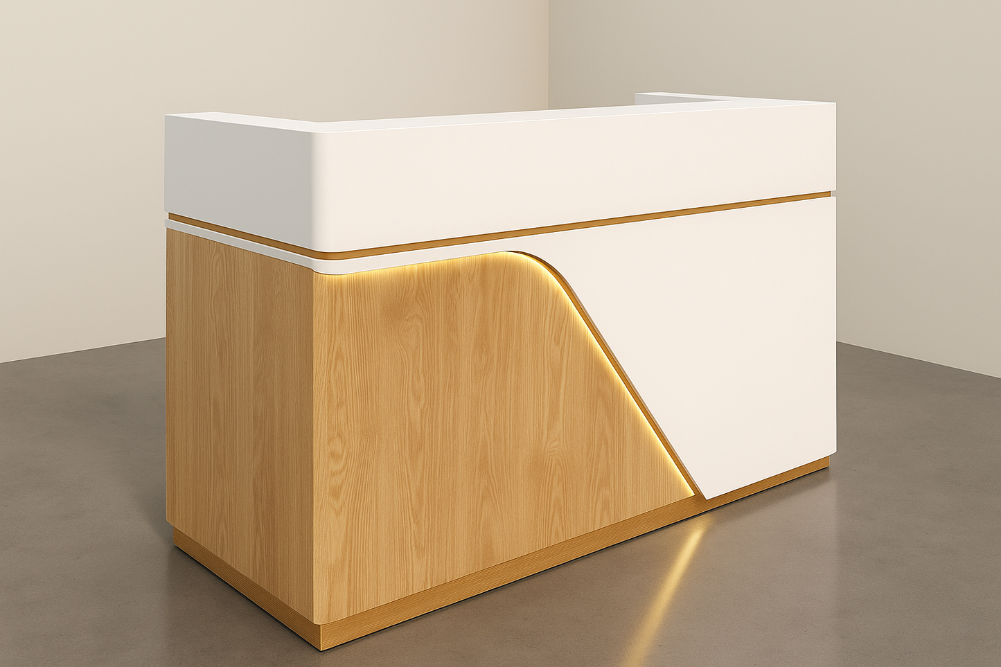 Bancone reception curvo – Bianco & rovere con LED