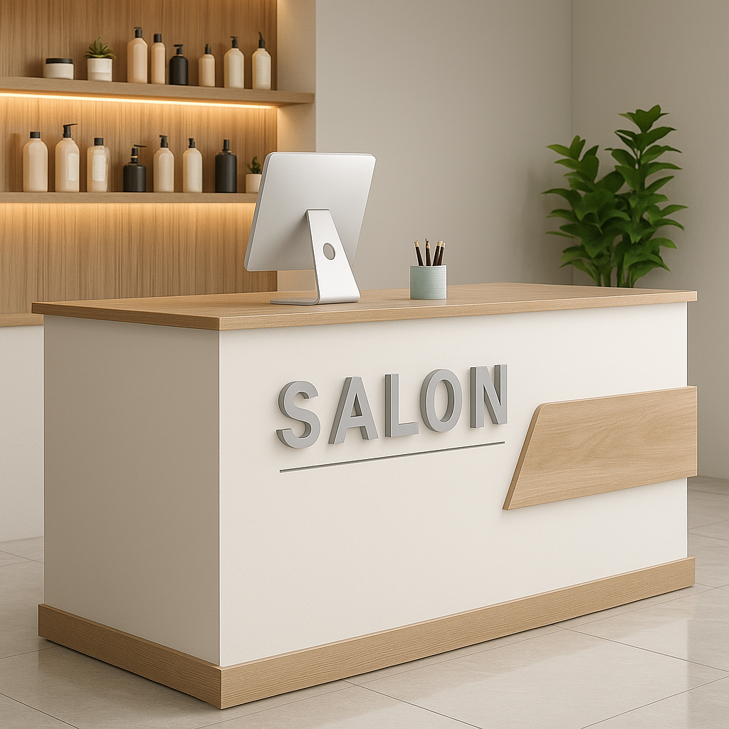 Bancone reception minimal – Bianco con dettagli rovere