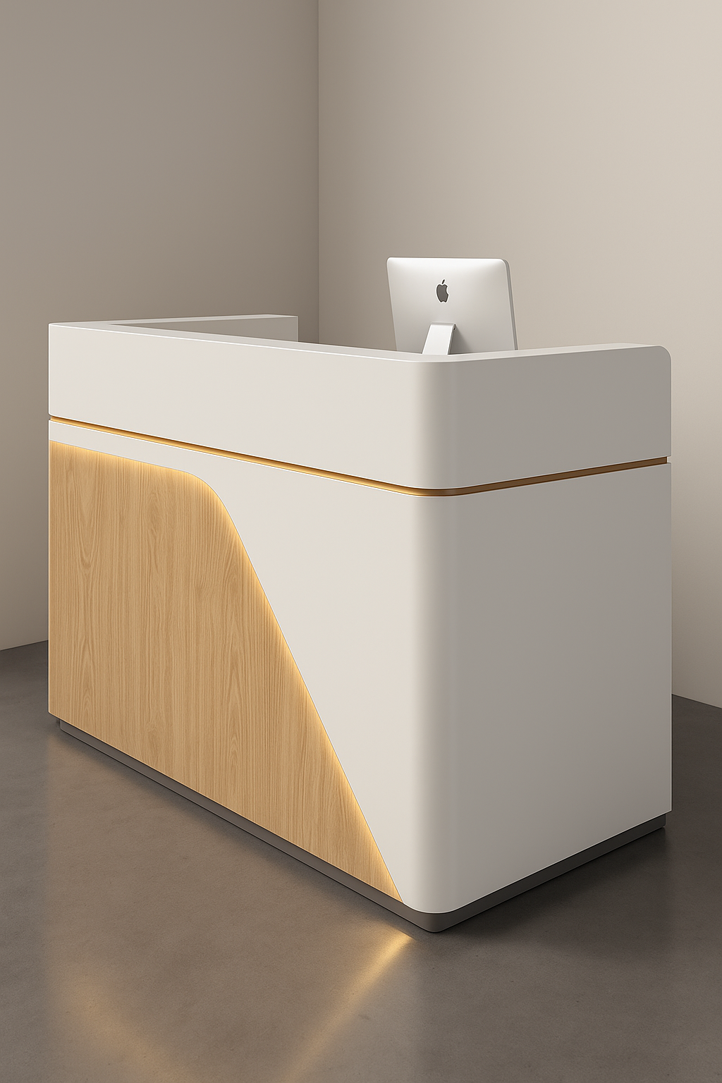 Bancone reception curvo – Bianco & rovere con LED