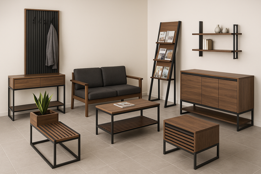 Area attesa salone – Set arredo Noce &amp; Metallo