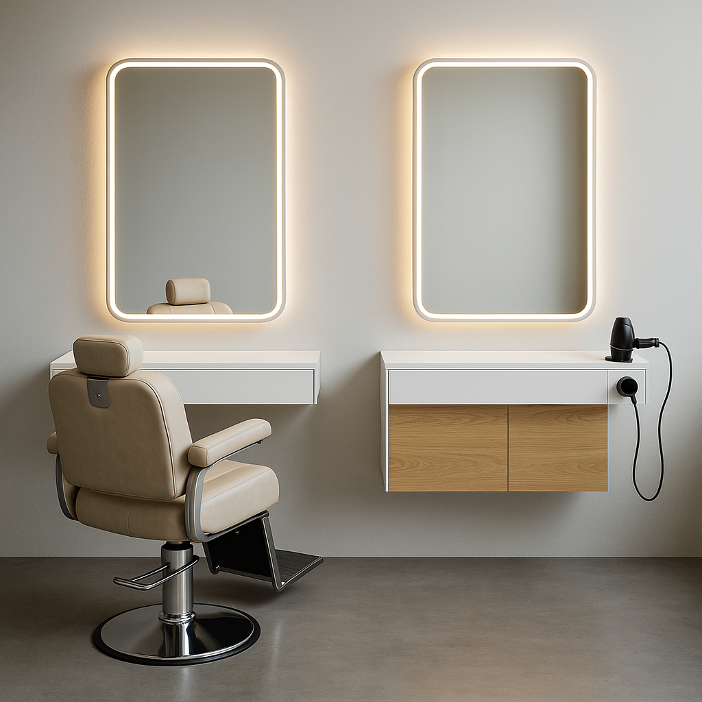 Postazione parrucchiere LED – 2 postazioni, bianco & rovere