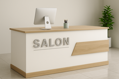 Bancone reception minimal – Bianco con dettagli rovere